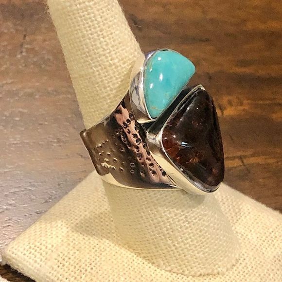 JAY KING Desert Rose Trading Company Turquoise Amber Sterling Silver Ring 8-3/4 - Picture 7 of 16